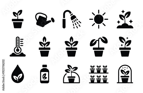 Collection of vector icons depicting various stages and tools for plant care and gardening