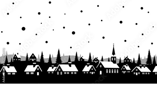 A silhouetted townscape with evergreen trees and falling snow against a white background