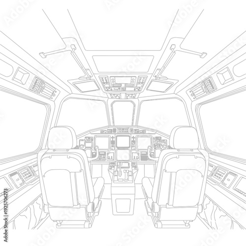 Futuristic cockpit interior schematic wireframe blueprint drawing with dashboard and seats