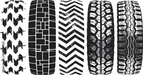 Tire tread strips pattern prints set  ,Collection of five distinct tire tread patterns in black and white