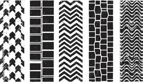 Tire tread strips prints set 2  ,Dynamic set of distressed tire track patterns, showcasing robust vehicle tread designs with a gritty finish