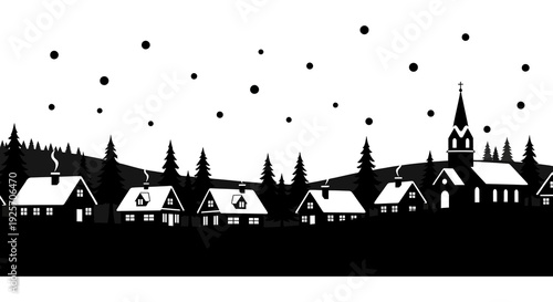 A stylized black and white illustration of a winter village with snow falling