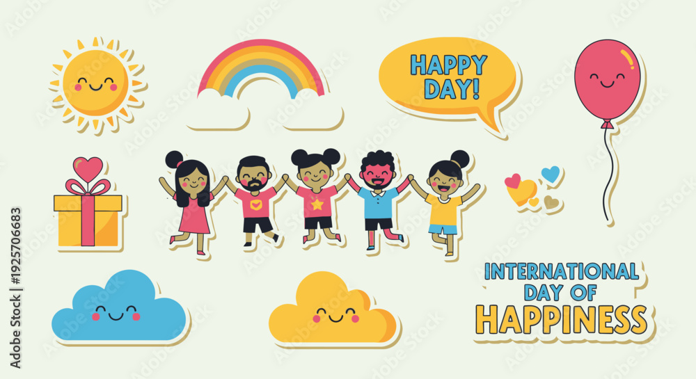 Obraz premium Diverse Happy Children Holding Hands Celebrating International Day of Happiness with Gifts and Rainbow in Bright Studio
