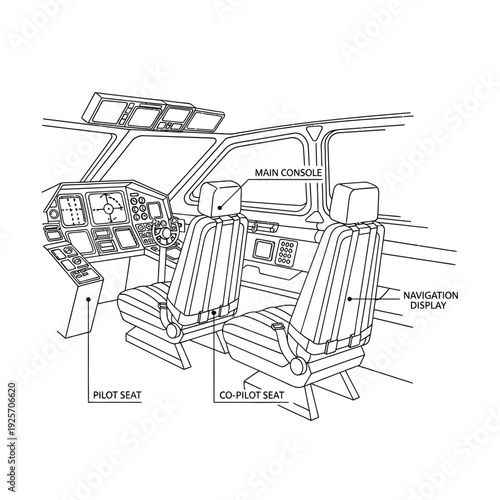 Cockpit interior of spaceship with seats and control panels labeled for navigation