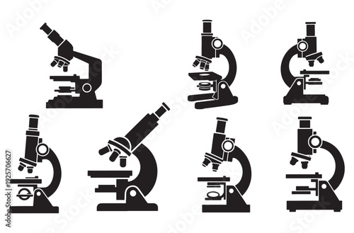 Diverse collection of black vector silhouette icons of microscopes, laboratory equipment, scientific research instruments, and optical devices on transparent background