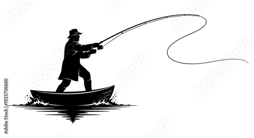 Silhouette of a fisherman in a boat casting a line into the water