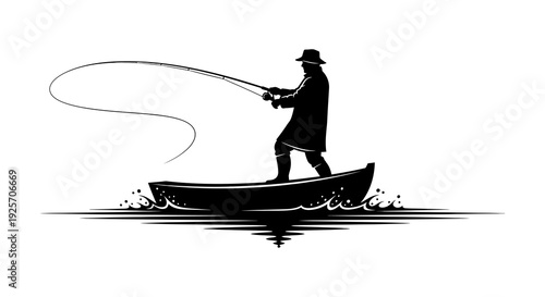 Silhouette of a fisherman in a boat casting a line over water
