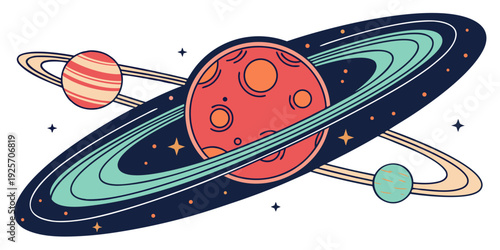 Three colorful ringed planets orbit within a dark stellar field showcasing a vibrant, stylized solar system composition.