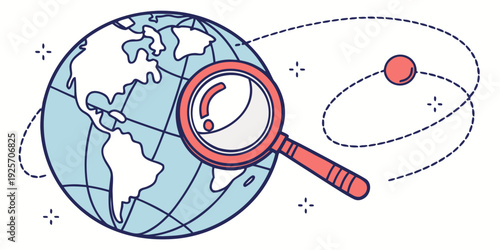 Magnifying glass examines the globe highlighting continents for global research and discovery purposes.