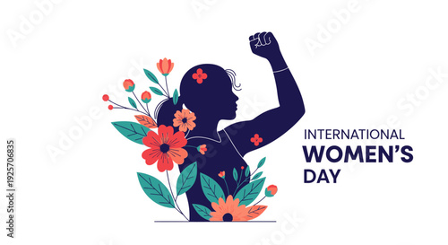 Powerful woman's silhouette raising a fist with colorful flowers for International Women's Day on an isolated white background.