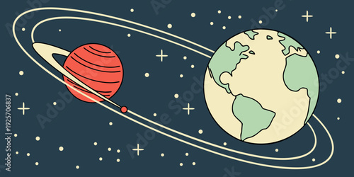Earth orbits near a ringed planet in deep space illustrating astronomical concepts and planetary science.