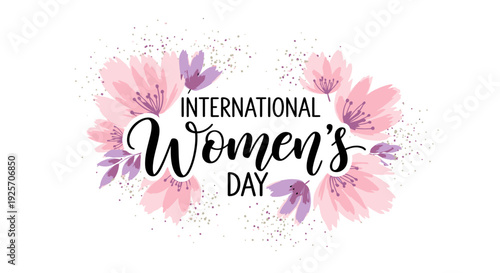 Elegant "International Women's Day" text surrounded by delicate pink and purple floral wreath on a subtle white background.