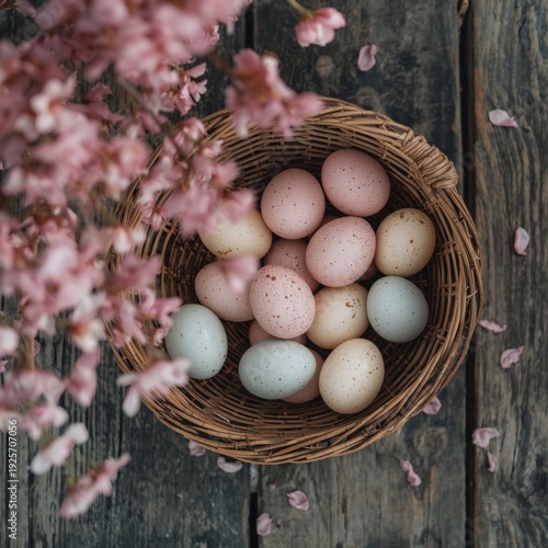 Pastel colored easter eggs in wicker basket on wooden table with pink cherry blossoms pastel colors