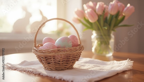 Easter basket with pink and blue eggs on a table with flowers