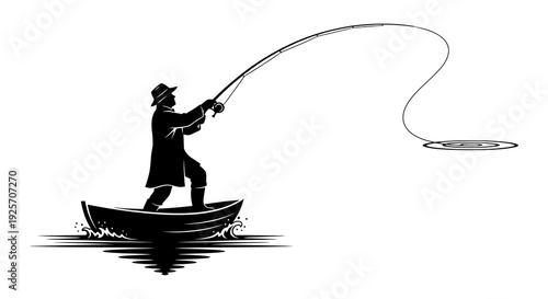 Silhouette of a fisherman in a boat casting a line on the water