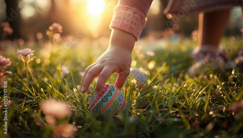 Child picking up colorful Easter egg in grass with pink flowers at sunset hand