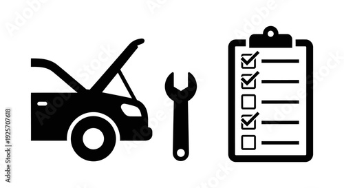 Car maintenance checklist open hood wrench and inspection list icon