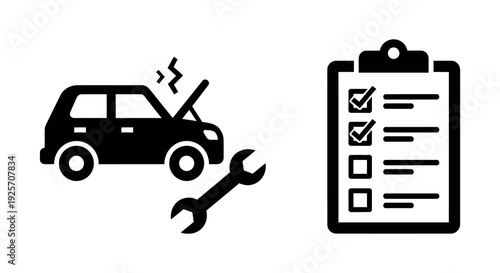 Car breakdown and vehicle inspection checklist in a black and white icon set