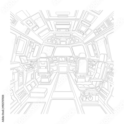 Detailed internal view outline blueprint of a fictional futuristic spaceship cockpit controls