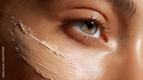close up of woman’s face with foundation makeup texture and natural glowing skin