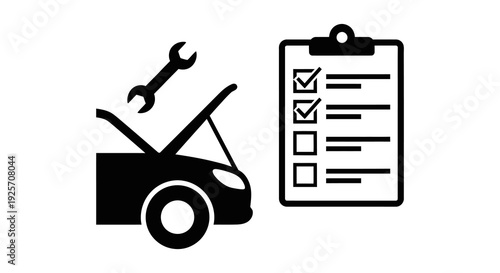 Car maintenance checklist icon showing wrench open hood and clipboard
