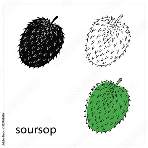 Soursop fruit collection three icons on grey background isolated flat vector illustration silhouette