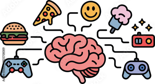 A happy brain connected to various sources of pleasure including fast food and gaming in a network.