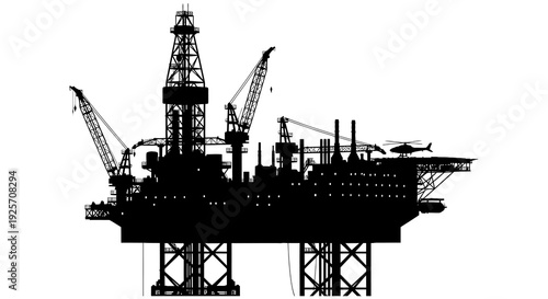 Black silhouette of an offshore oil rig with supporting structures and a helicopter