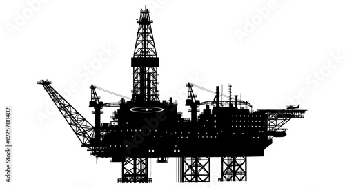 Silhouette of a large offshore oil rig against a white background