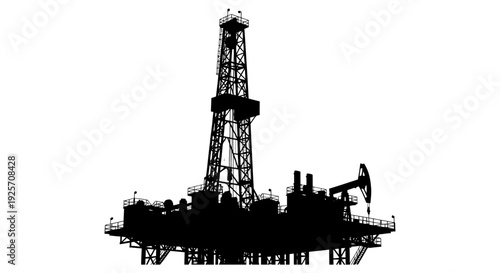 Silhouetted oil drilling platform against a stark white background high quality