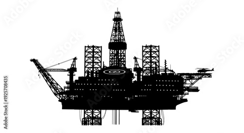 Silhouette of a large offshore oil rig with a helicopter landing pad