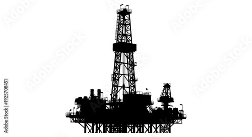 Silhouette of an offshore oil rig against a stark white background