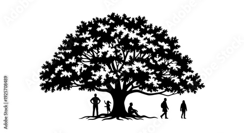 Silhouetted tree with people gathered beneath its branches in a park setting