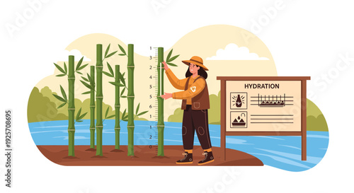 Woman measuring bamboo growth for hydration research.