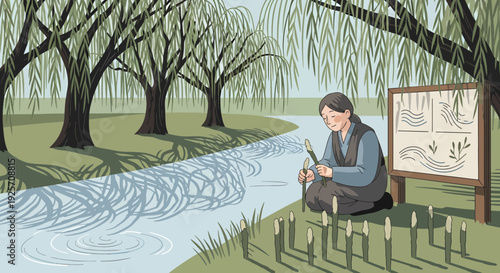 Woman studying plants by a river engaged in scientific observation.