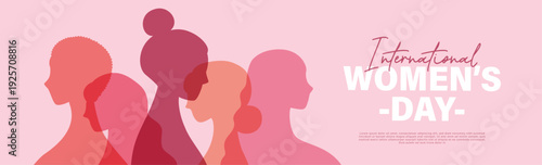 International Women's Day banner with a silhouette of women in various poses, illustrated in a minimalistic pink design with the message “International Women’s Day.”