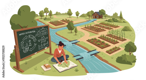 Woman studying agriculture by a river with a blackboard.