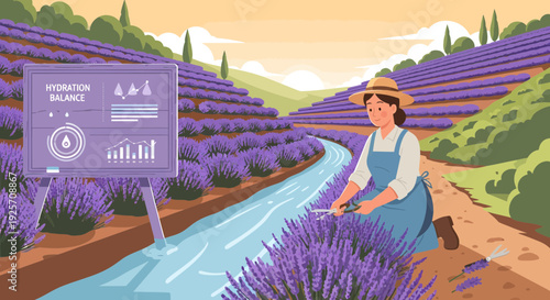 Woman tending lavender field with smart farming technology.