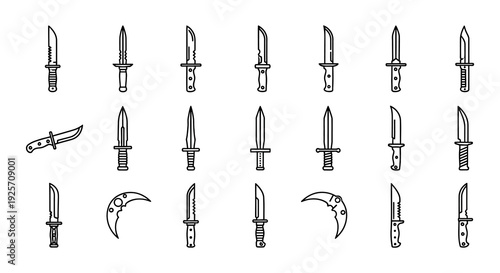 Collection of vintage knives and daggers in a black and white sketch style