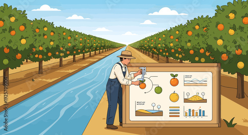 Agronomist analyzing orange crop data on a large display board.