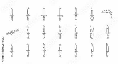 Collection of various weapon illustrations including knives daggers and a grappling hook