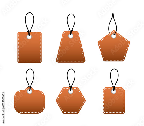 Brown leather price tags with black strings on transparent background for shopping and sales