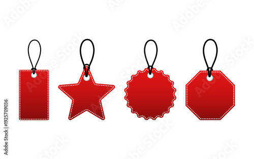 Four red price tags in various shapes on transparent background for shopping and discount concepts
