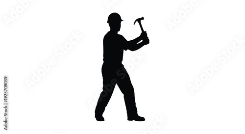 Construction worker using a hammer a stark black silhouette