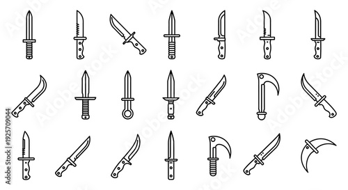 Collection of various outlined knives and daggers in a grid arrangement