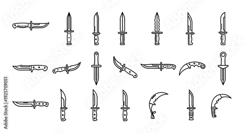 Collection of vintage knives and daggers in a black and white doodle style