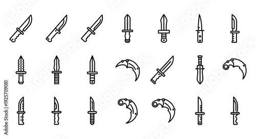 Collection of various knives and bladed weapons in a simple line art style
