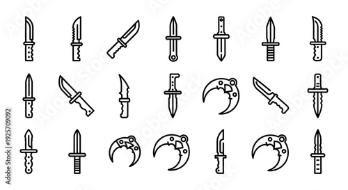 Collection of various knives daggers and claw like weapons in linear style