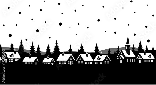 Minimalist black and white winter landscape with silhouetted trees and buildings