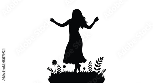 silhouette of a woman dancing in a field of flowers